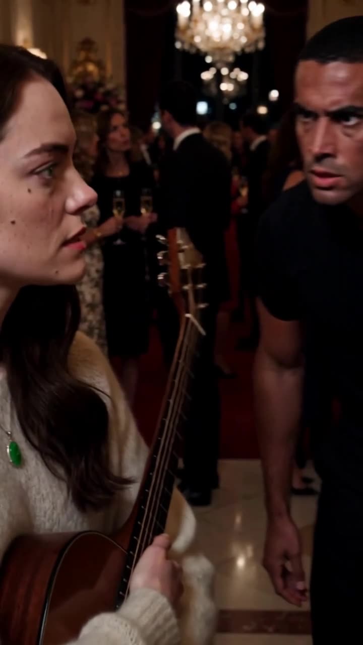 Romain glares menacingly at Emma while she stands resolute with her guitar in the ballroom
