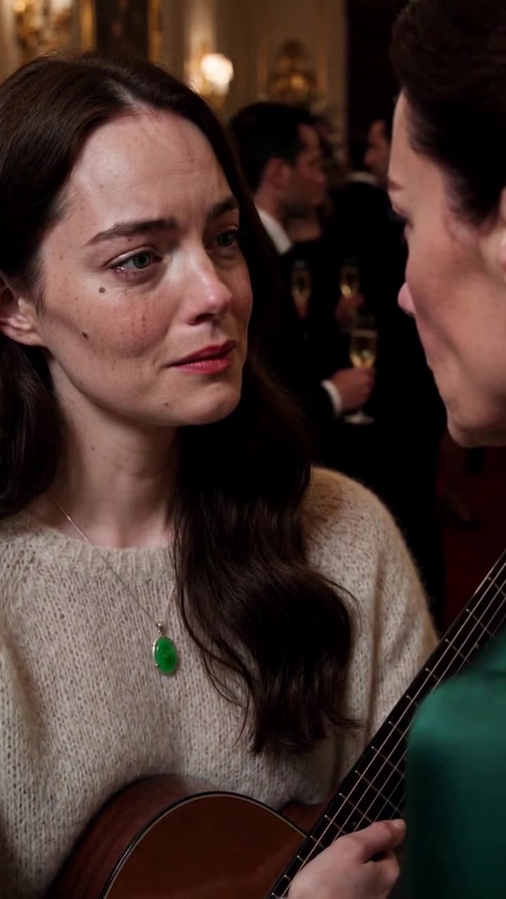 A tearful Emma looks directly into Catherine's eyes while wearing an emerald jade pendant