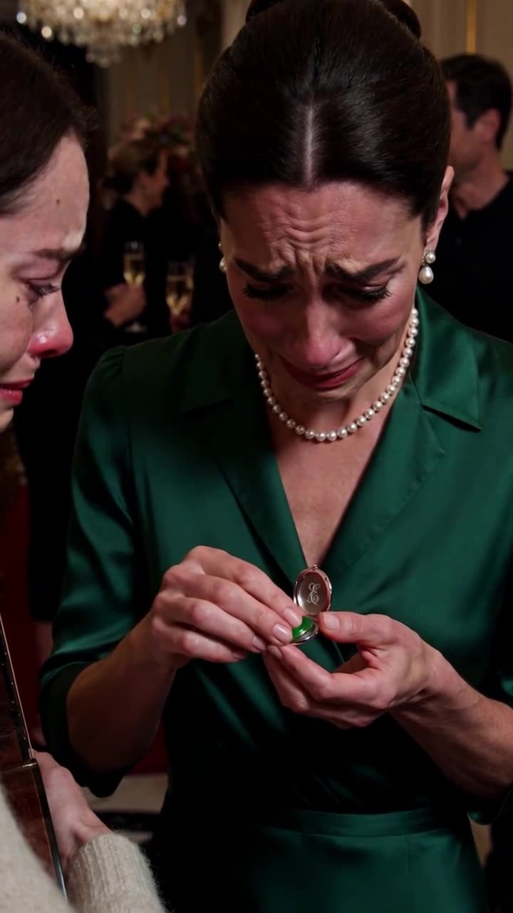 Catherine weeps openly after opening the locket to reveal the engraved initial