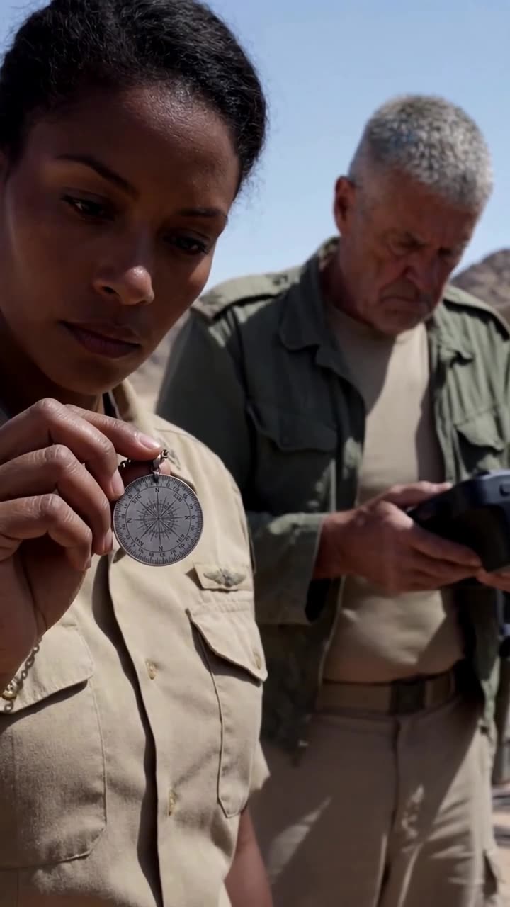 Maya reveals a steel compass pendant engraved with a custom wind-compensation formula under the bright sun.