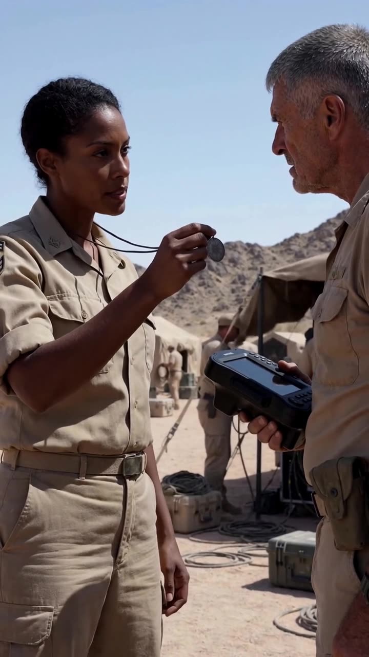 Maya holds out the engraved compass pendant toward Commander Robert, who pauses in surprise while holding the telemetry device.