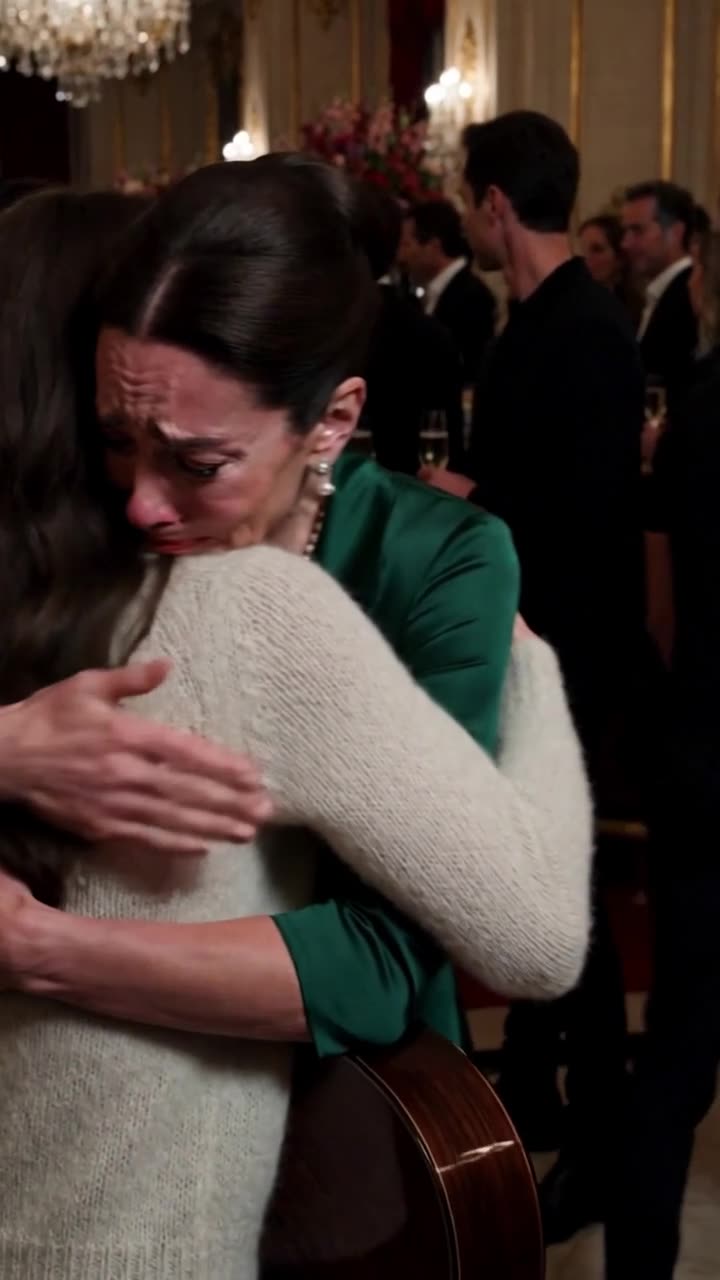 Catherine tightly embraces Emma while Emma clutches her acoustic guitar in both hands