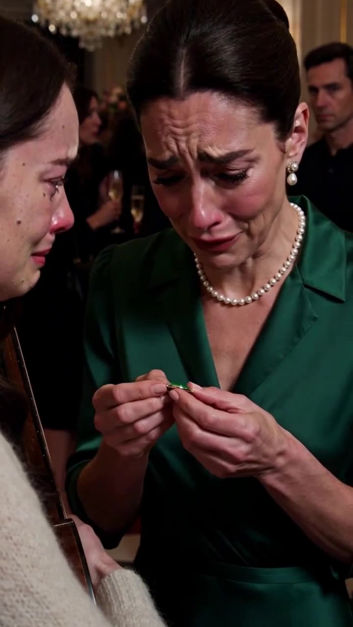 An elegant woman in a green silk gown breaks down in tears while holding an opened green pendant next to a young woman