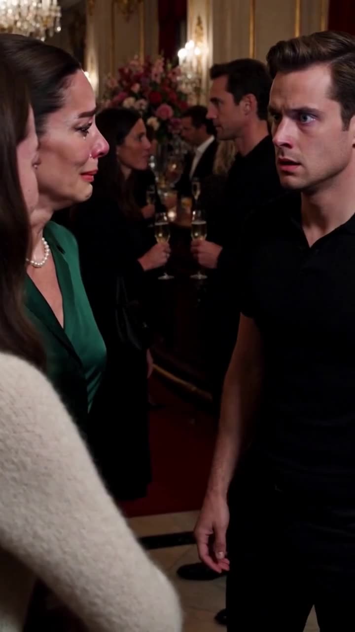 A stunned young man in black stares in disbelief as the tearful mother weeps beside the young guitarist