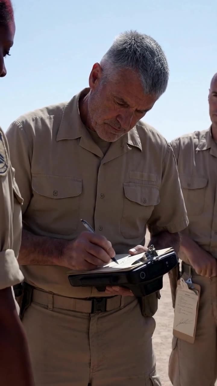Colonel Robert begrudgingly signs the wind chart pressed against his handheld telemetry console.