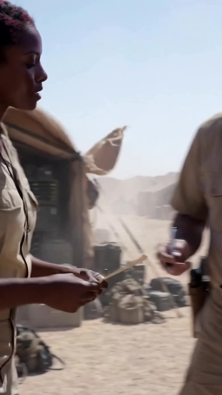 Maya takes the signed flight chart from Colonel Robert and walks away into the Mojave outpost.