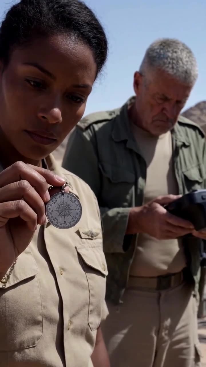 Sergeant Ava Mercer stands resolute holding her brass compass beside Colonel Grant Maddox