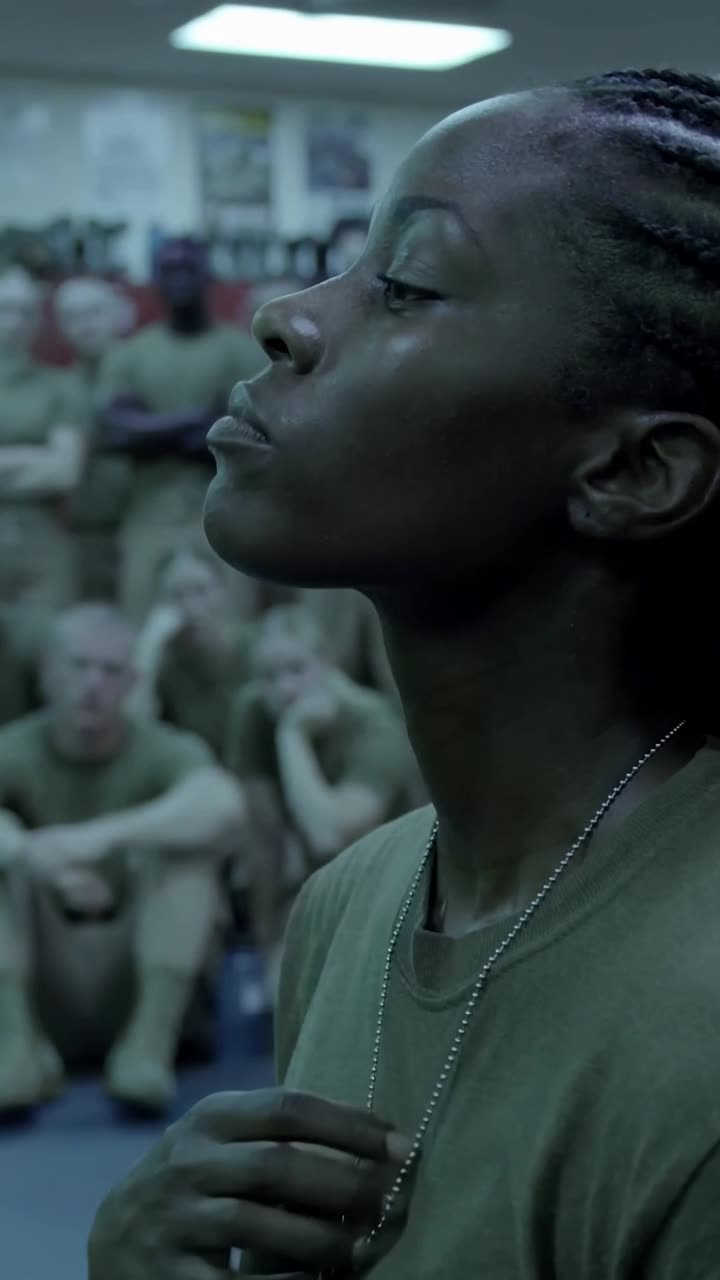 Close-up of Maya lifting her chin with an iron jawline as her dog tag glints under the fluorescent lights