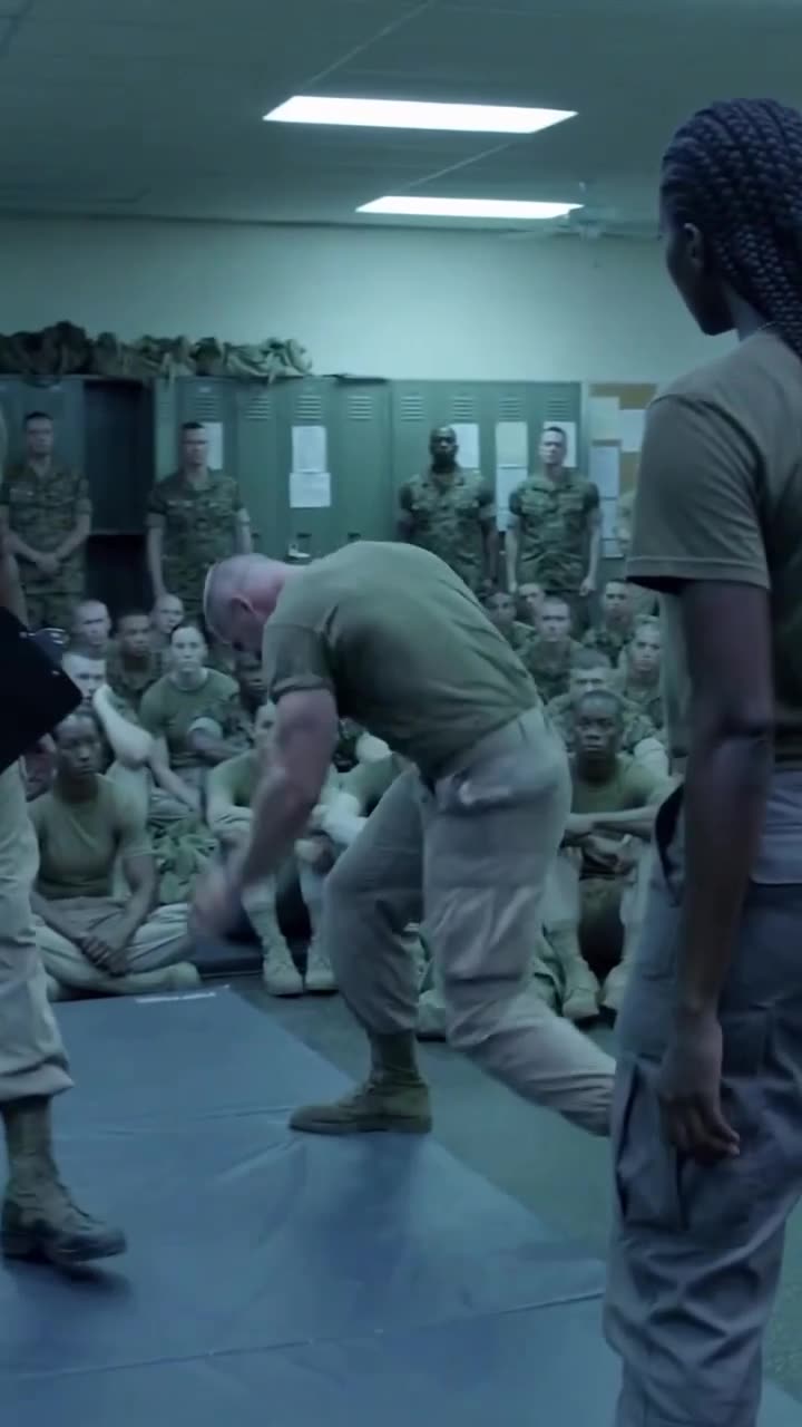 A male trainee crashing onto the training mat during hand-to-hand combat drills