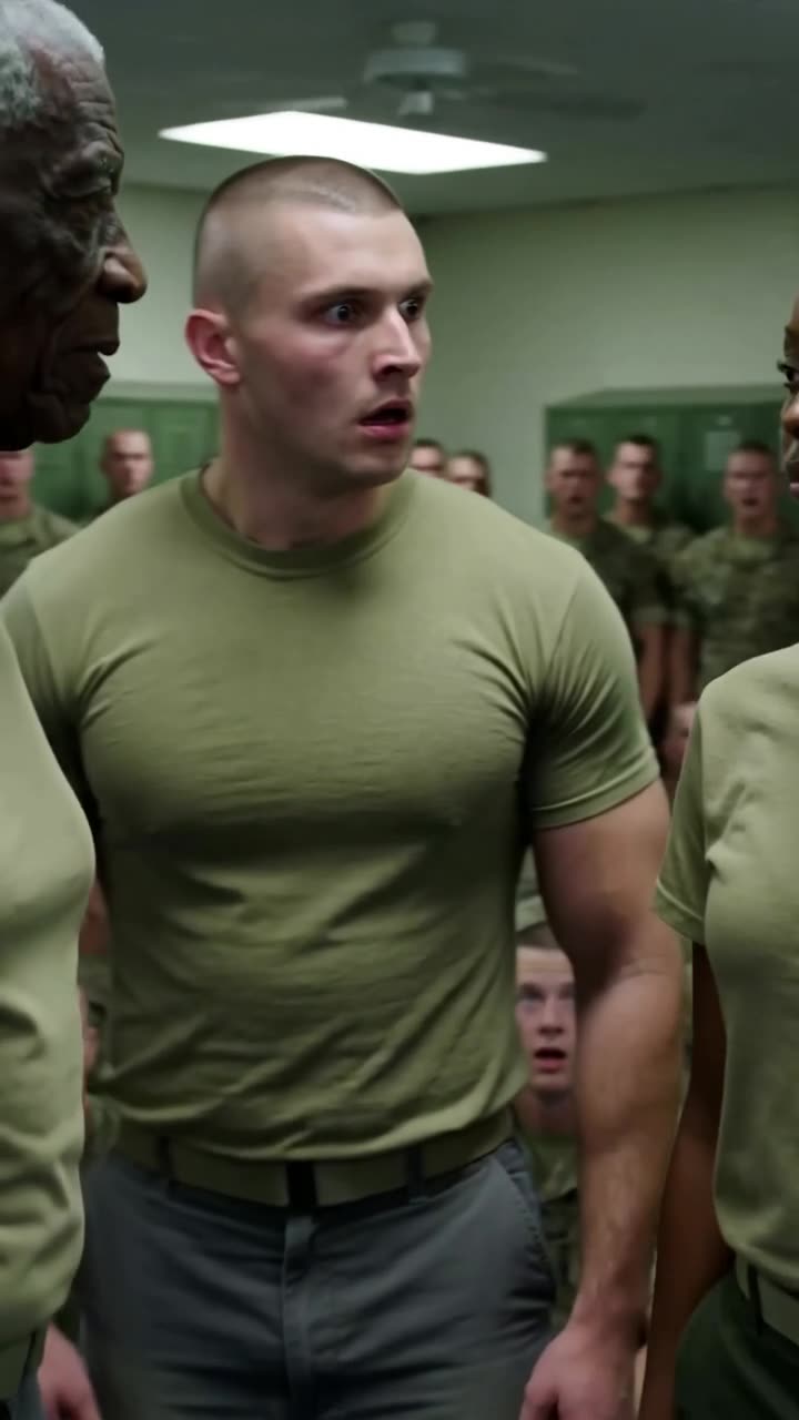 A muscular soldier reacts in stunned panic with eyes wide and mouth agape