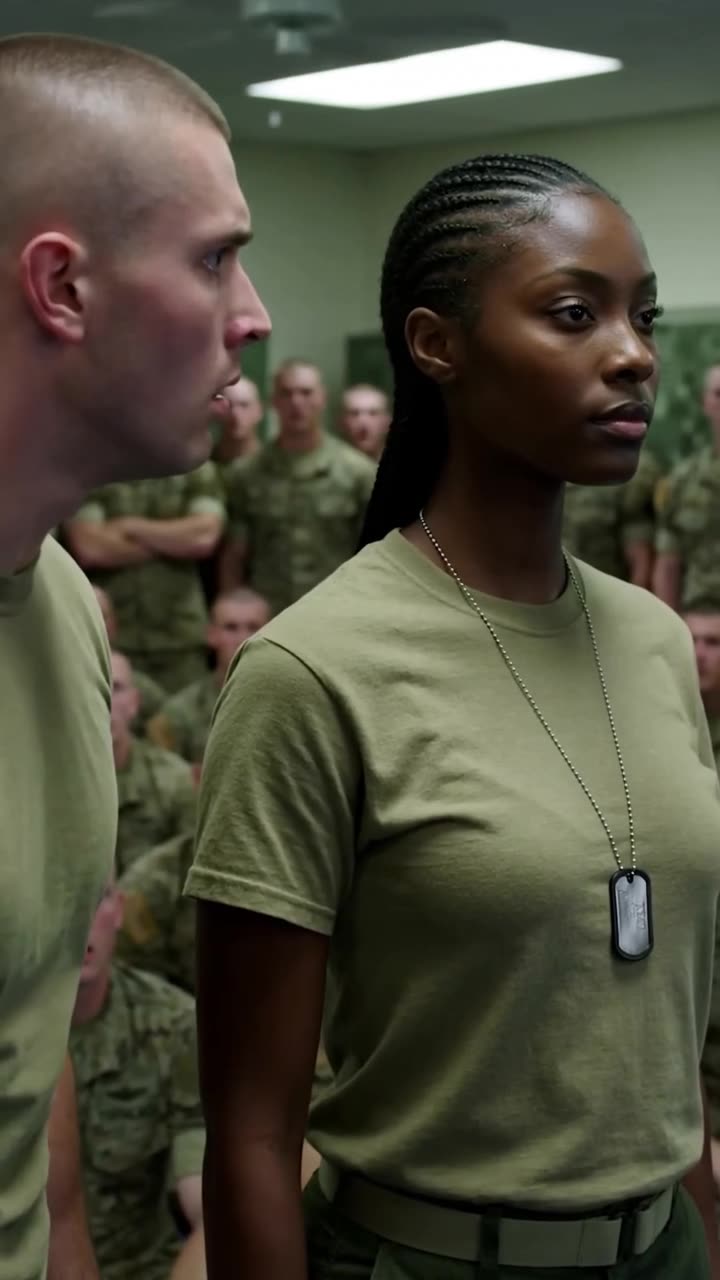 A female captain maintains a steely gaze while a dazed recruit stares beside her