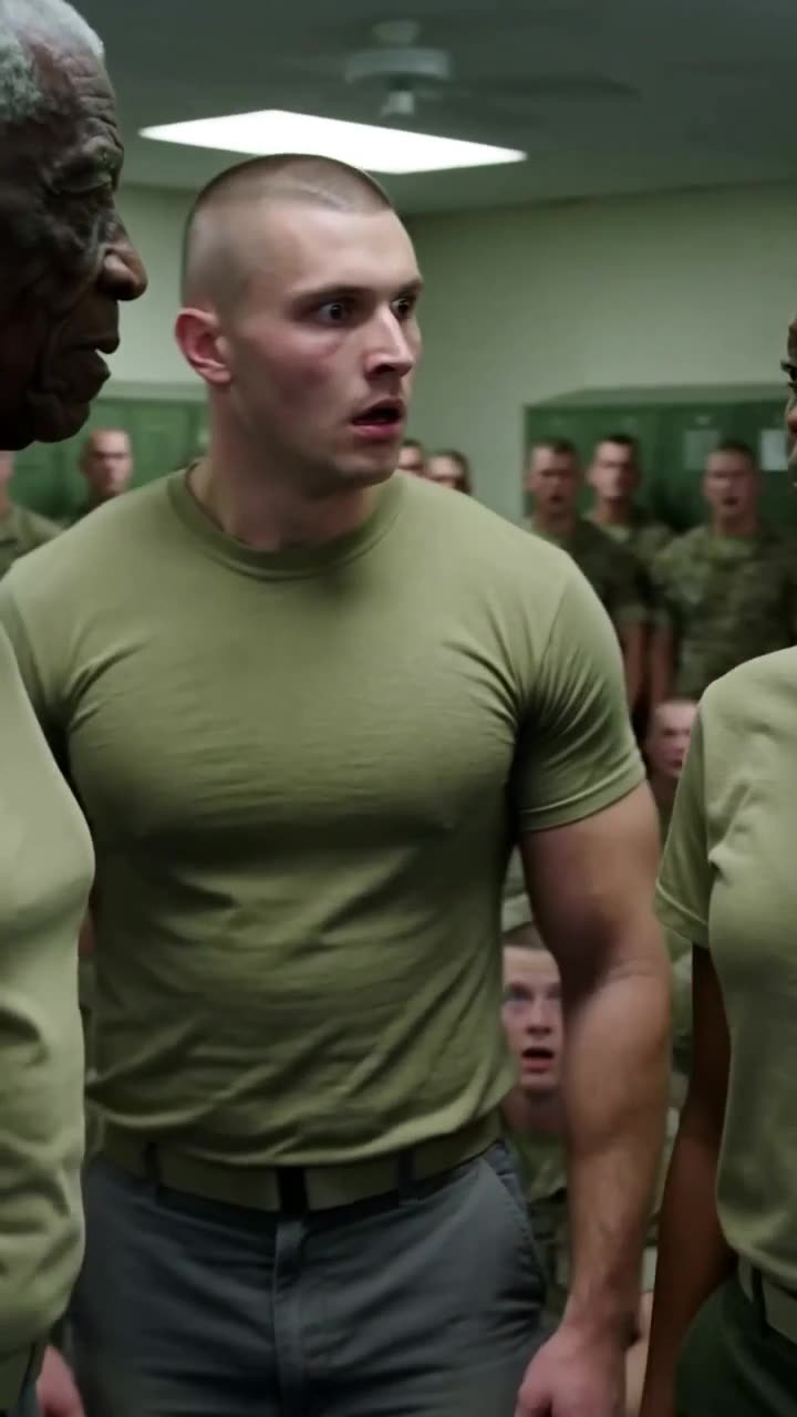 A shocked muscular recruit looking surprised during an intense standoff in the military locker room