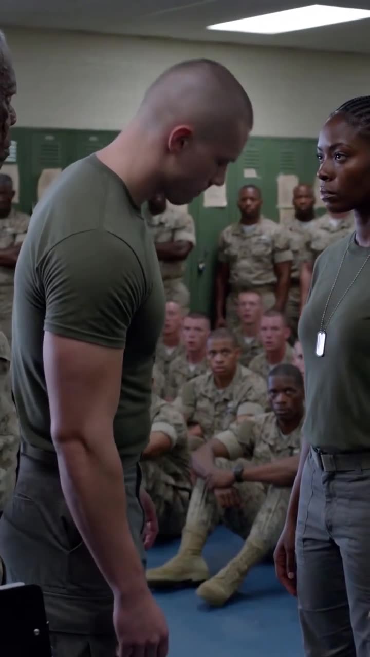 A tense face-off between a male recruit and a stoic female recruit wearing dog tags in front of spectators