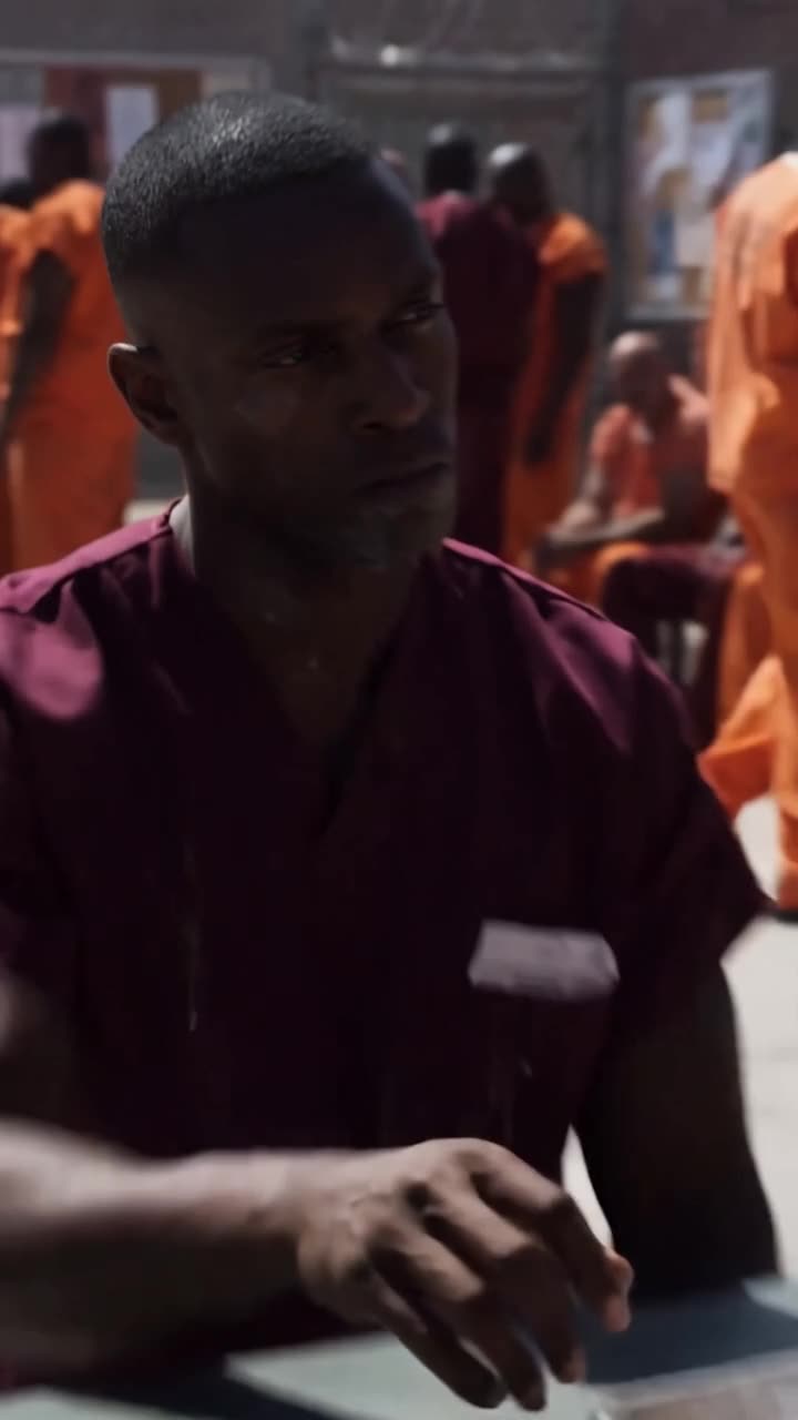 Jordan narrows his eyes with icy composure as he listens to the hulking inmate's taunts.