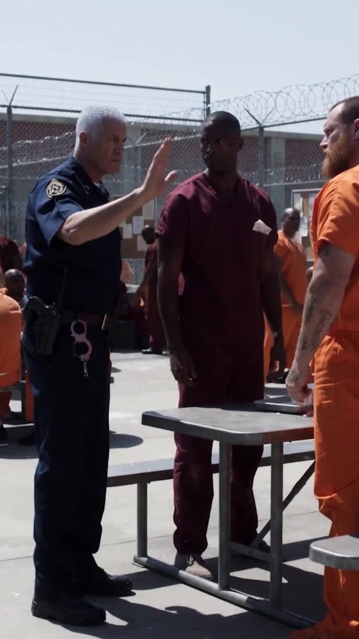Officer Carl steps between Jordan and Brock, commanding the inmate to stand down.