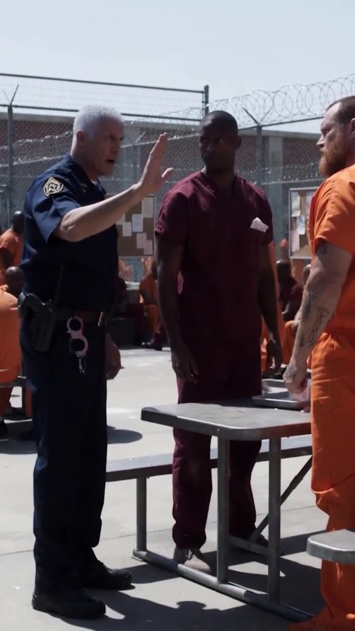 A corrections officer raises a hand to separate the calm inmate from the tattooed aggressor.