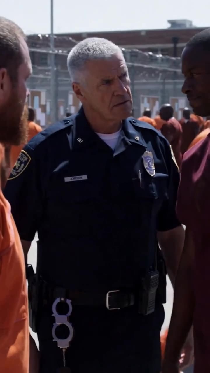 Officer Carl steps firmly between inmate Brock and medical orderly Jordan under the bright yard sun.