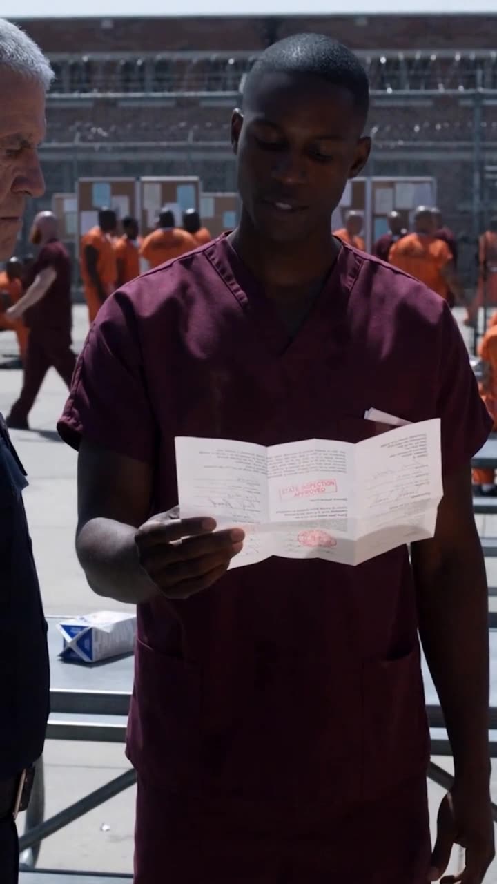 Jordan firmly holds out the open transfer docket toward Carl's chest in the prison yard