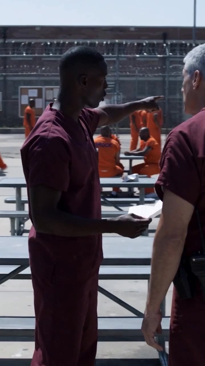 Jordan gesturing firmly across the facility yard while clutching the inspection paperwork
