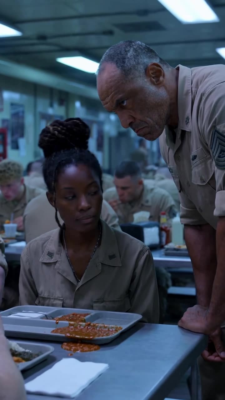 Marcus leans down closely over the table, aggressively confronting Sarah under the fluorescent lights.