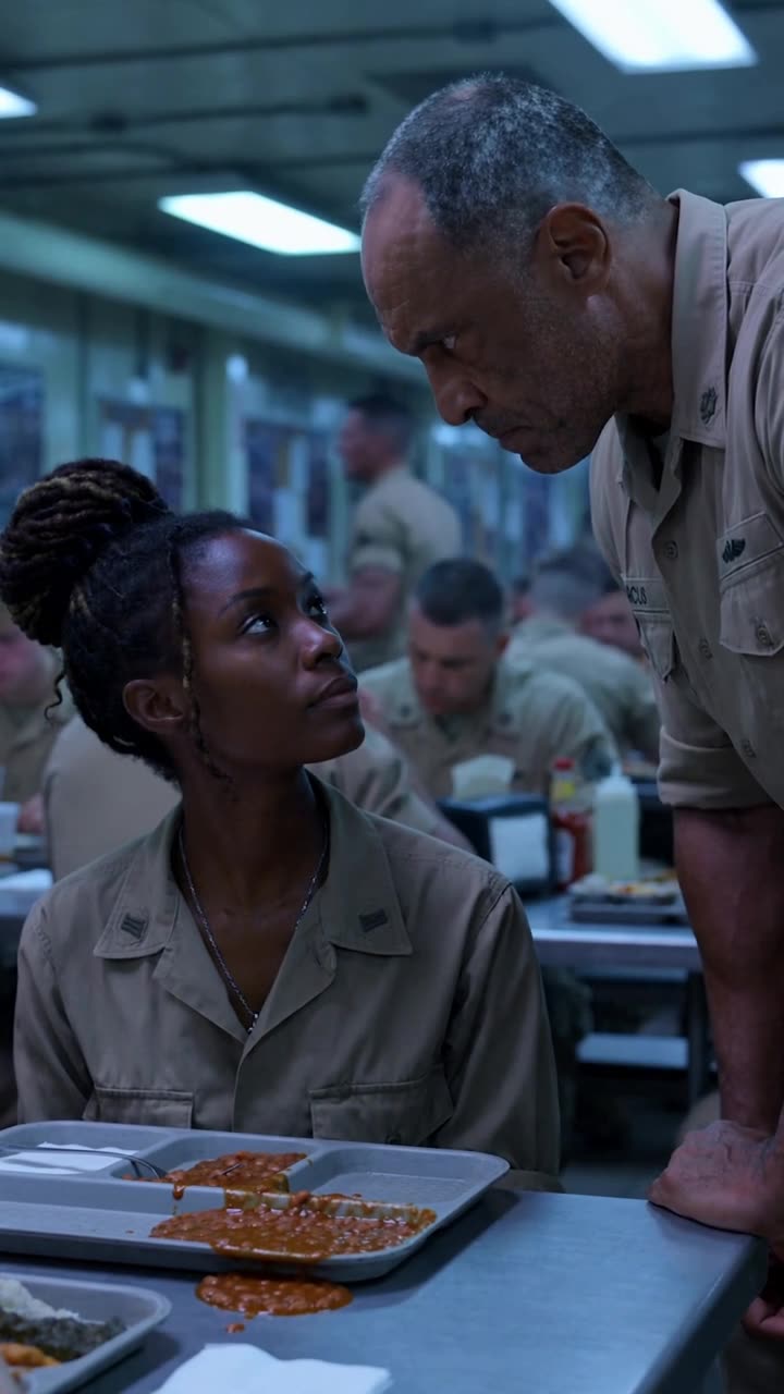 Sarah calmly looks directly up at Marcus, unbothered by his outburst as her collar insignia catches the light.