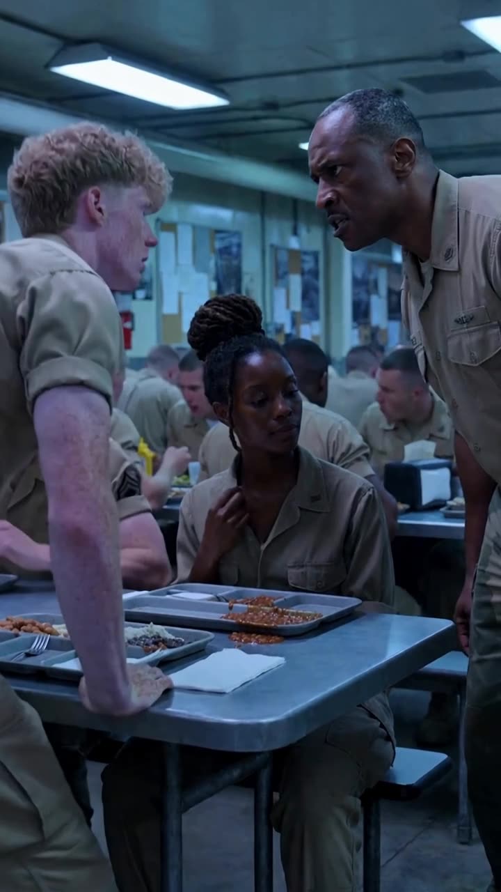 Marcus leans aggressively across the mess hall table toward Sarah