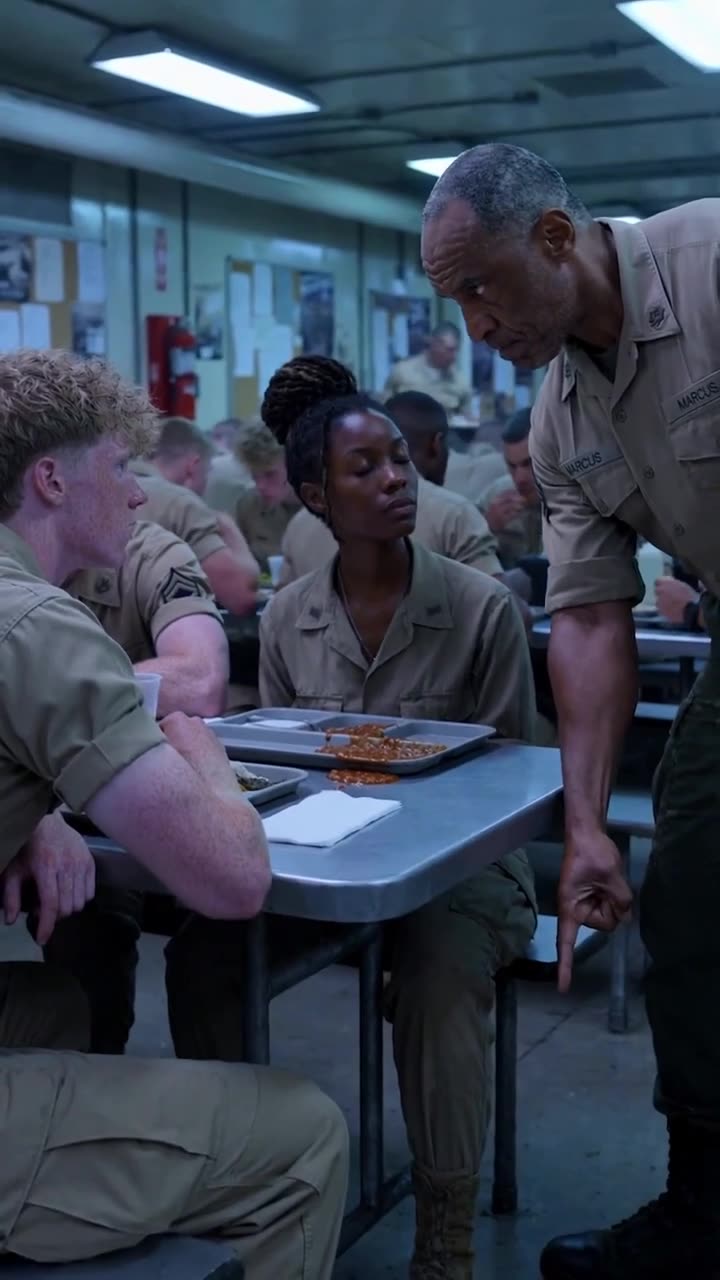 The sergeant points authoritatively toward the floor as the female soldier remains calm beside an anxious peer.