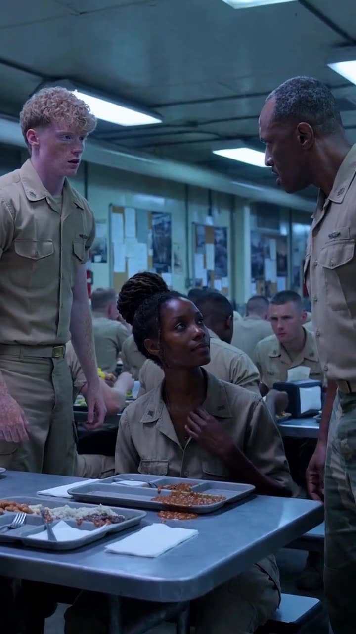 A stunned young soldier stands up in shock as the drill sergeant realizes the female recruit's true status.