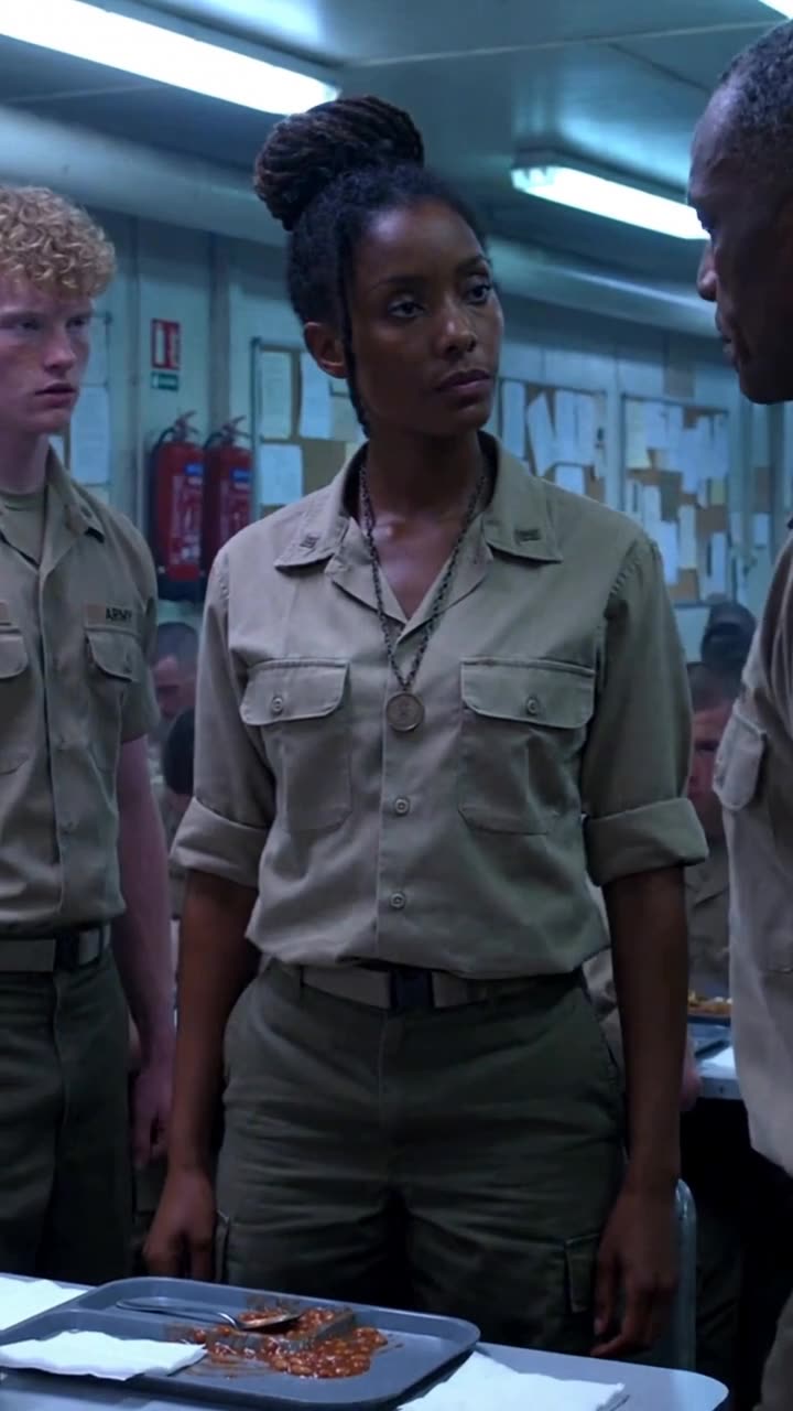 Sarah stands straight in her uniform displaying her pendant as Marcus and Tyler watch closely.