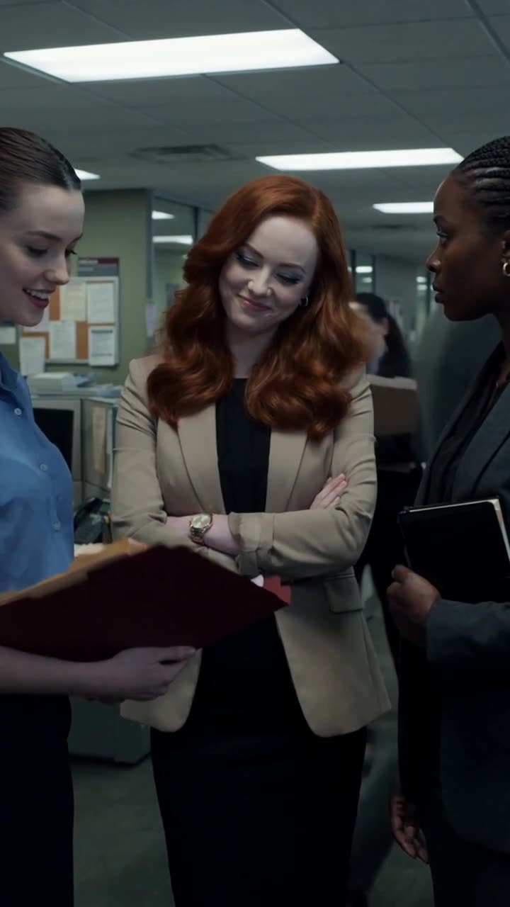 Chloe smiling smugly down at the folder with crossed arms beside Maya