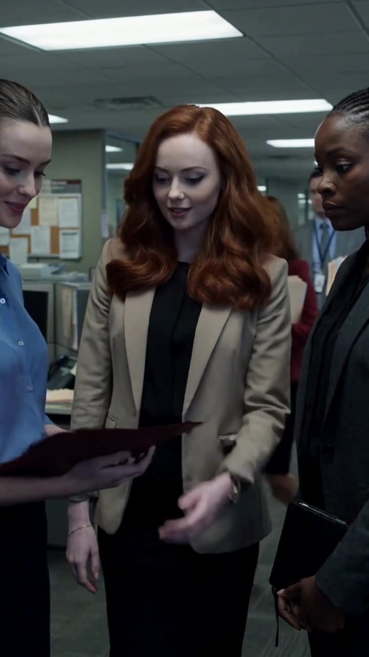 Chloe extends both hands to accept the envelope from Jessica while Maya watches closely.