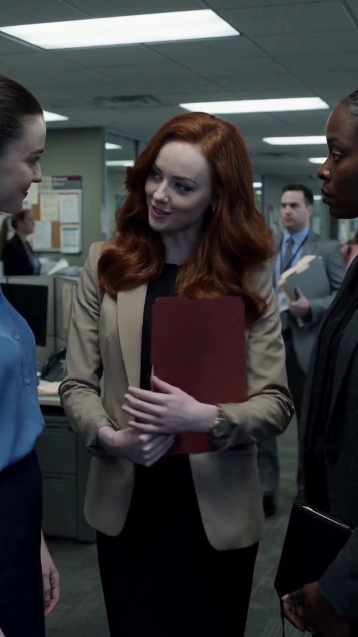 Chloe hugs the folder against her waist with a confident smirk as Maya observes her next to passing clerks.