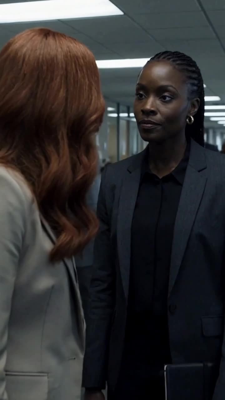 Maya steps directly into Chloe's path, holding a notebook with quiet determination