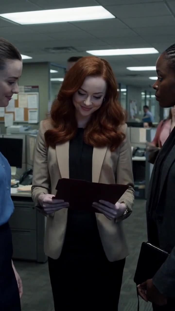Samantha Miller opening a red candidate dossier with a confident smile in the open office floor.