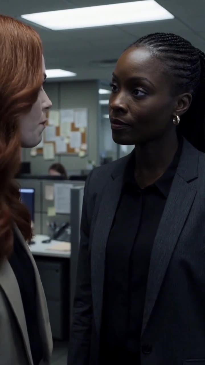 The company CEO confronting Samantha Miller with an intense stare in the middle of the office.