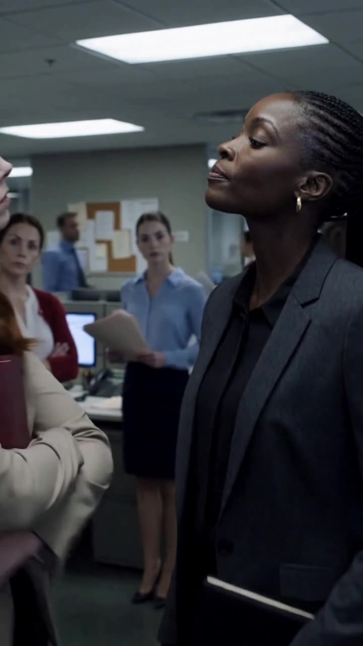Maya raises her chin with calm composure as office clerks watch the tense encounter unfold.