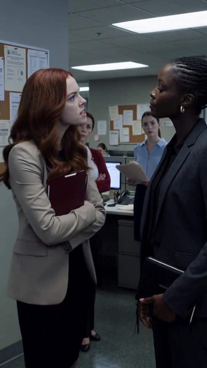 Chloe clutches a folder defensively while facing Maya in a quiet Chicago office corridor.