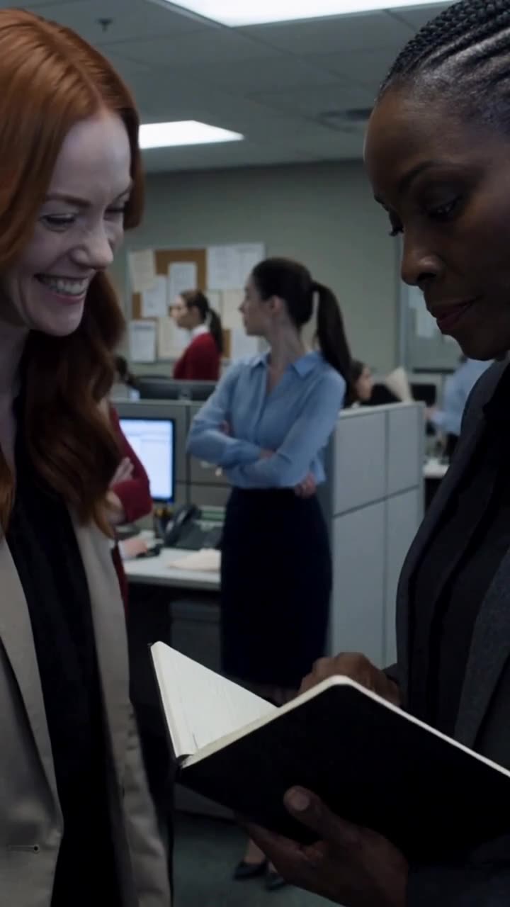 Maya opens a black notebook to reveal a concealed badge as Chloe watches with amusement.