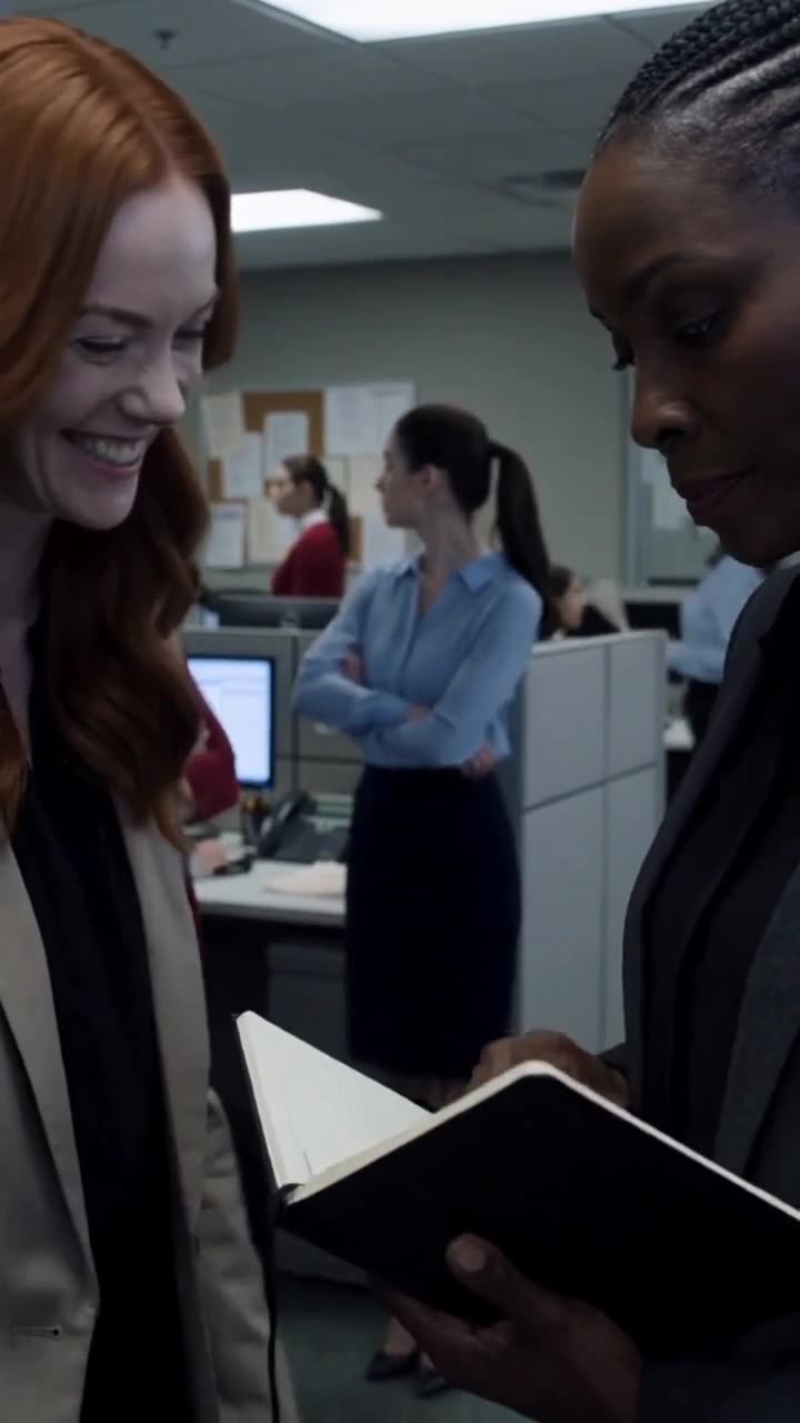 A smiling hiring director shares a notebook with the undercover executive amid cubicles.