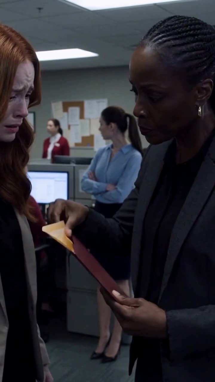 The corrupt director weeps in shock as the chairwoman pulls damning evidence from an envelope.