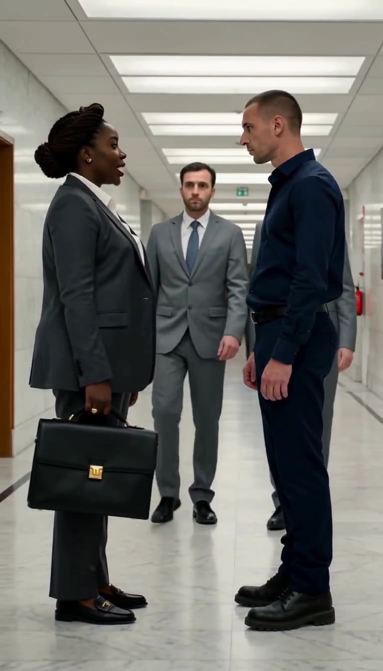 Courthouse clerks watch in silence as Aminata commands Maxime to step aside