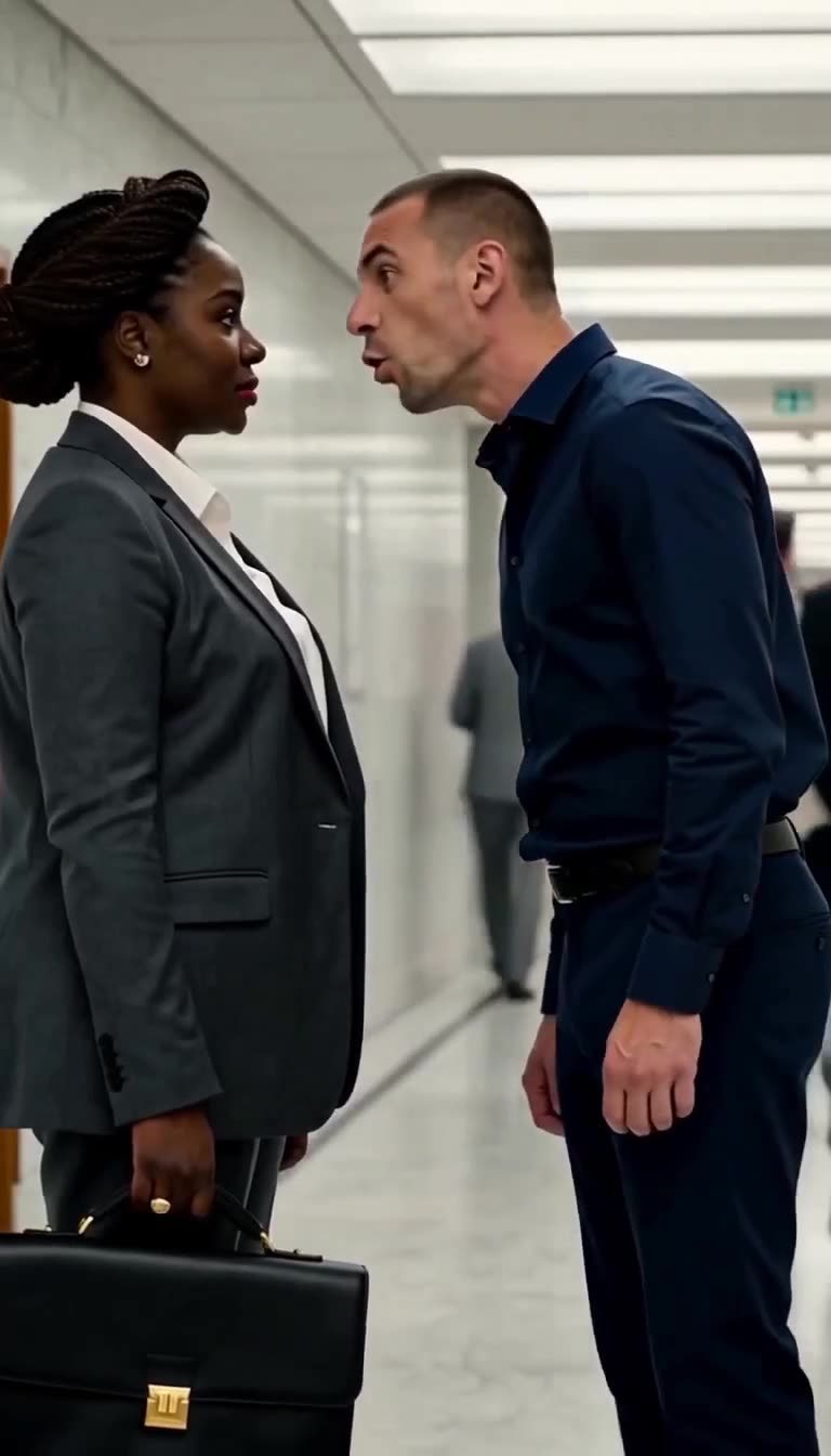 Julien leans down intimidatingly while cornering the poised woman carrying a briefcase