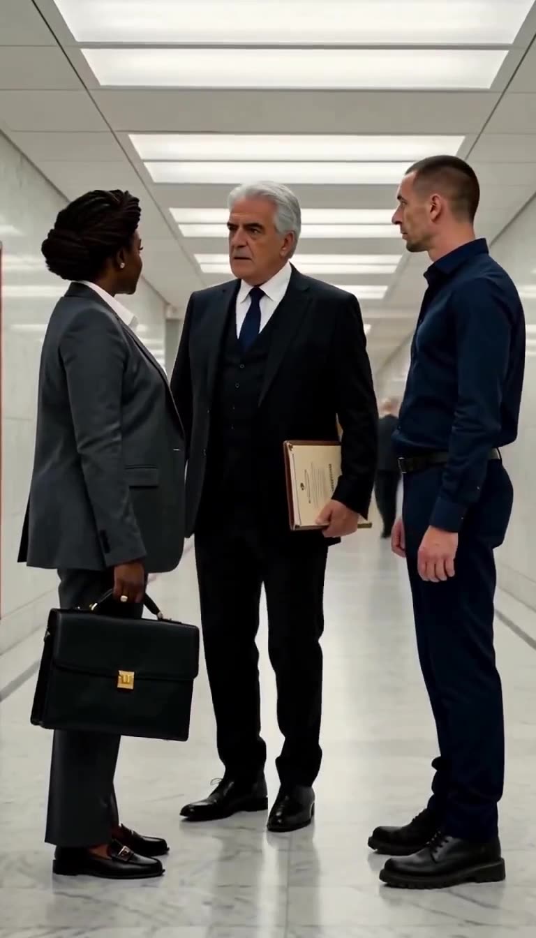 A senior court official in a three-piece suit intervenes between the officer and the judge