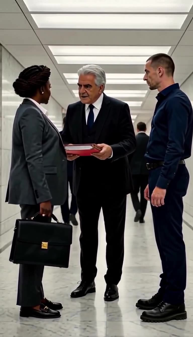 Jean-Pierre bowing slightly while offering a red legal dossier to Aminata Diallo