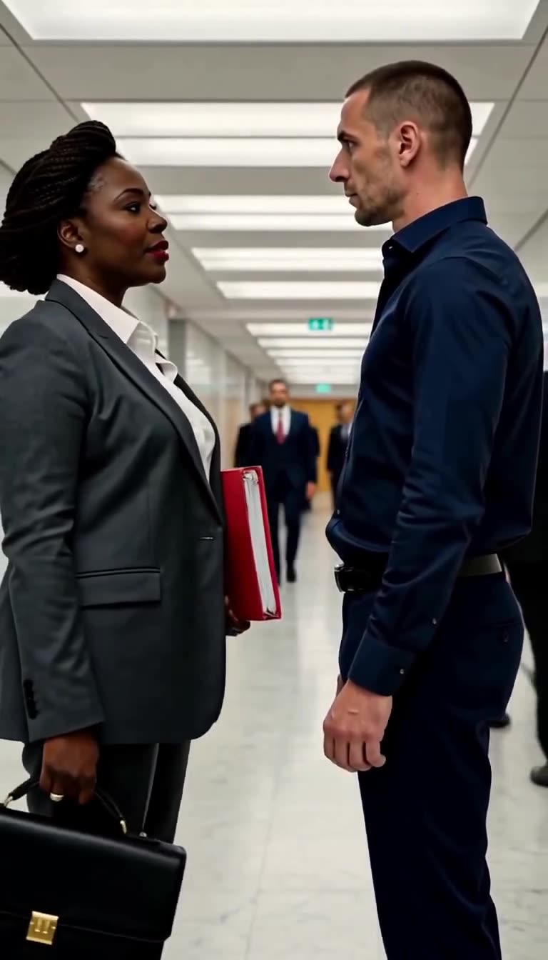 Aminata Diallo confronting Maxime with an icy glare while clutching her case file