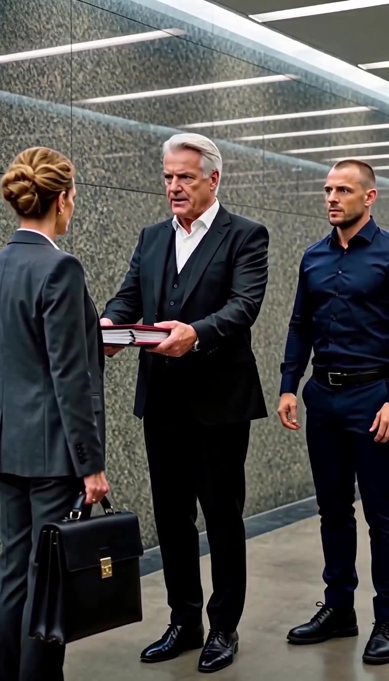 Walter überreicht Richterin Katharina Bergmann respektvoll eine rote Gerichtsakte