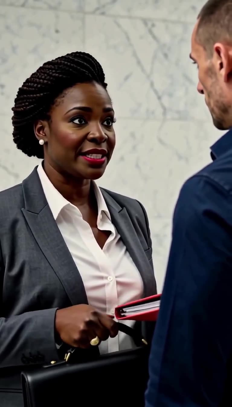 Prosecutor Aminata firmly confronts Officer Maxime while holding a red case file