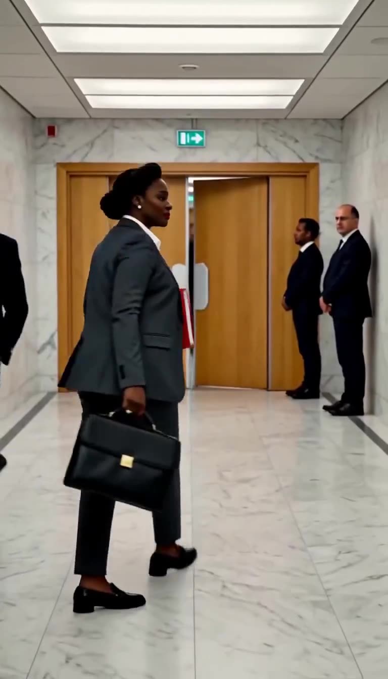Aminata strides confidently toward the courtroom doors carrying her briefcase