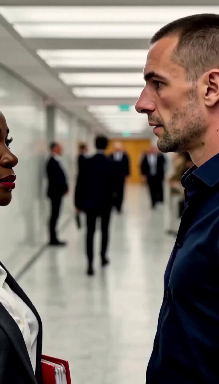 Officer Lucas Mercier glares aggressively at the composed woman standing her ground in the courthouse corridor.