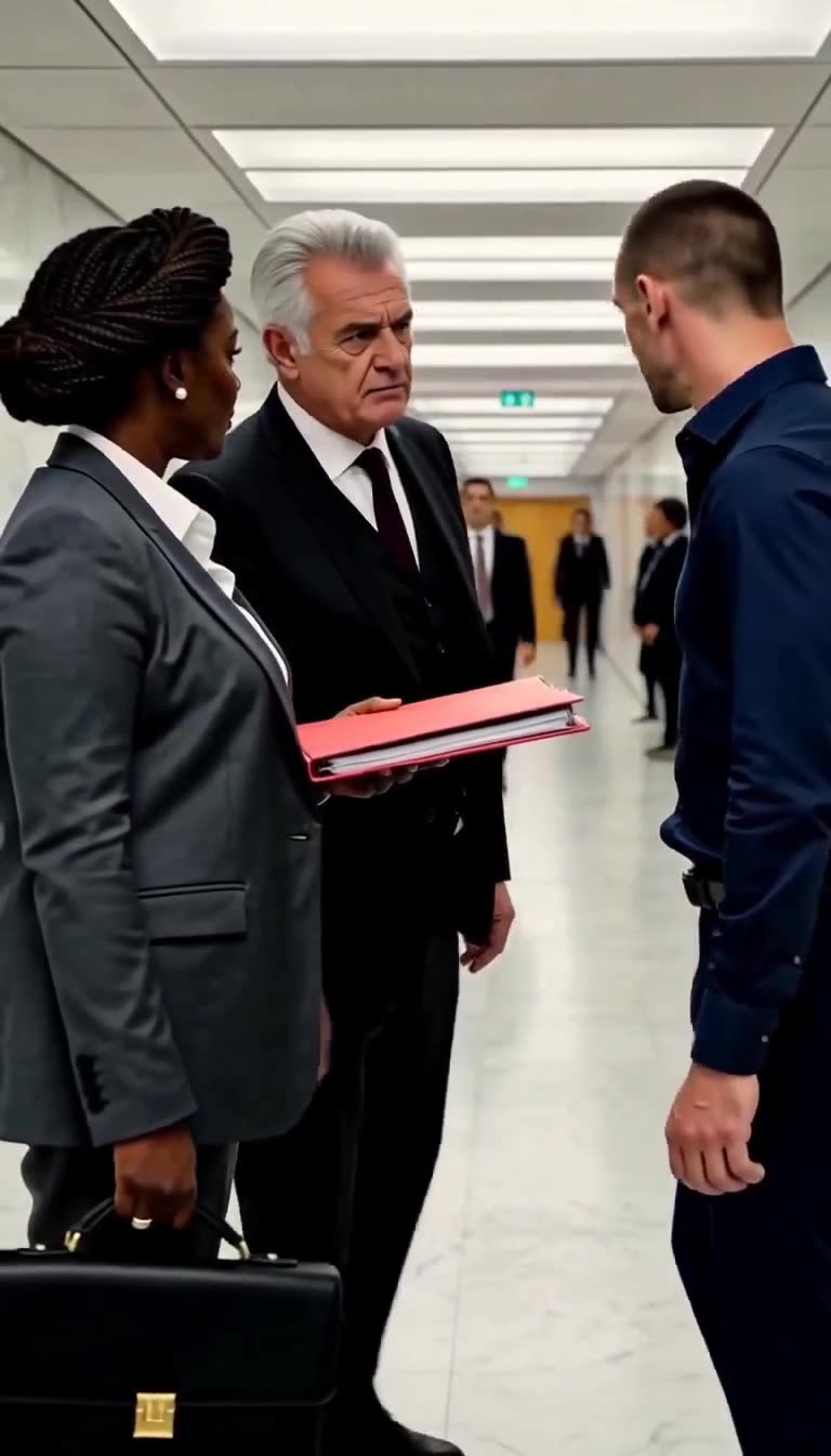 The silver-haired magistrate confronts the stunned officer directly, shielding the district judge.